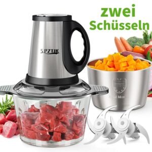 SPZTJK Multifunktionaler Elektrischer Schneidroboter aus, Fleischhacker für den Hausgebrauch, Zerkleinerer Elektrisch,zwei Schüsseln(Edelstahls & Glass)und klingen,zum Zerkleinern und Hacken geeignet, Ideal für Gemüse, Knoblauch, Salat, Babynahrung